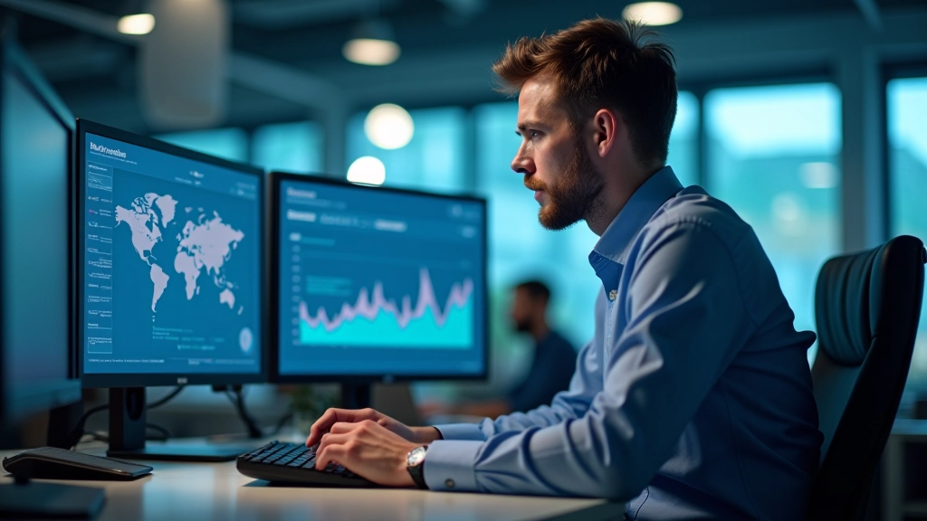 Industrie-Datenanalyst überprüft Produktionsmetriken an Computerbildschirm