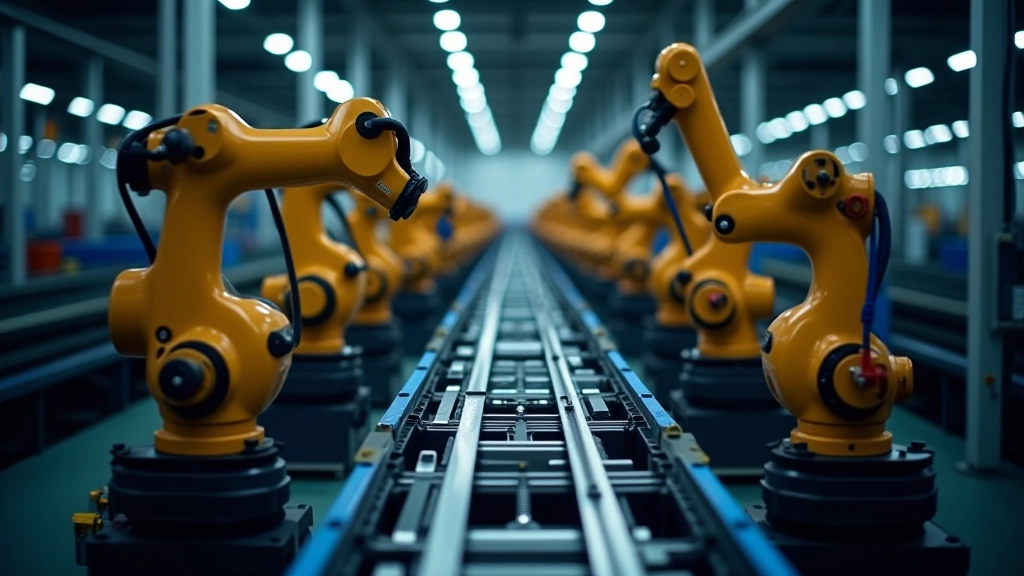Automobilwerk mit Roboterarmbestückung an einer Produktionslinie