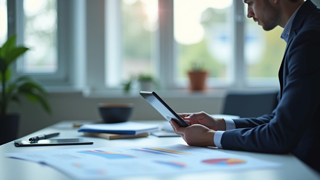 Analytiker überprüft Produktionsdaten auf Tablet und Papierdiagrammen im Büro