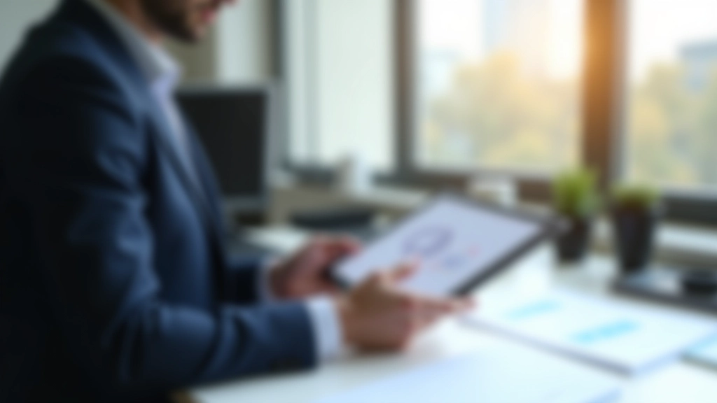 Geschäftsmann analysiert Industriestatistiken auf Tablet