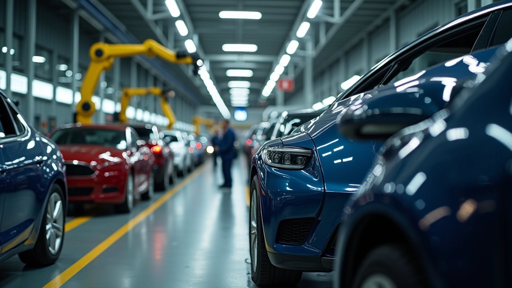 Fahrzeugfertigung mit Montagelinien und Qualitätskontrolle in einer Automobilfabrik