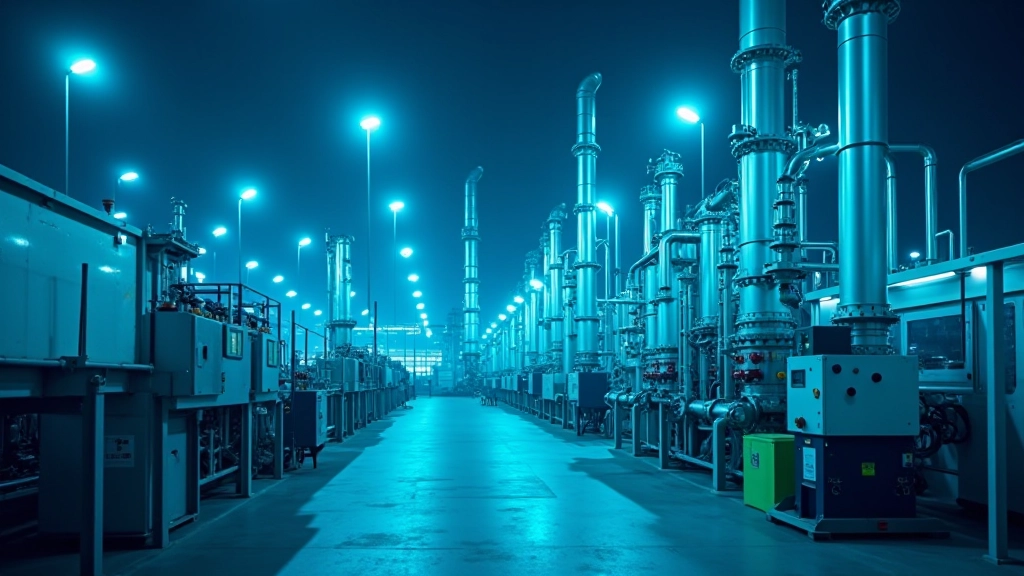 Industrielle Chemieanlage mit modernen Reaktoren und Verarbeitungseinrichtungen bei Nacht, blaue und grüne Beleuchtung, scharfer Fokus