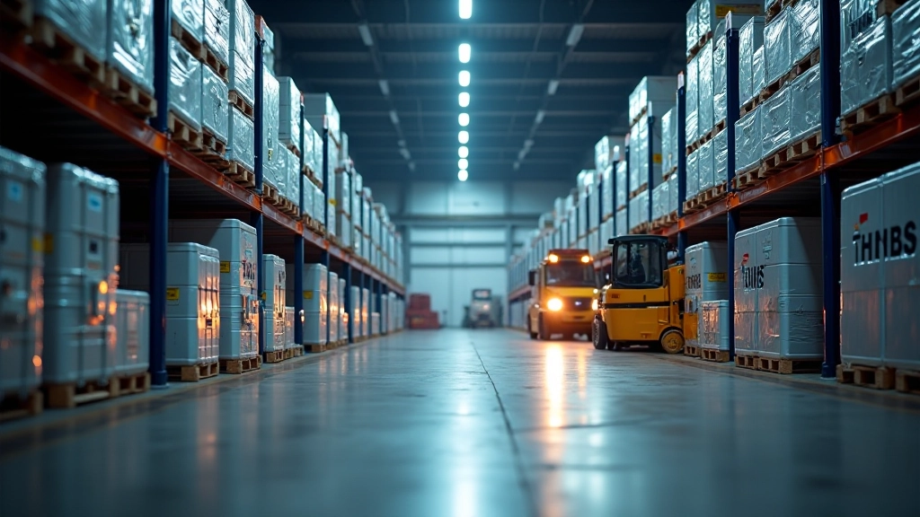 Lagerhaus mit chemischen Produkten in großen Containern, Gabelstapler, industrielle Lagerverwaltung, helle Beleuchtung, scharfer Fokus