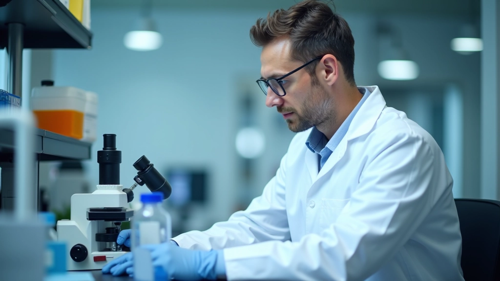 Chemiker im Labor mit modernen Analyseinstrumenten, Reagenzgläser und Ausrüstung, helle Laborbeleuchtung, scharfer Fokus auf Gesicht und Hände