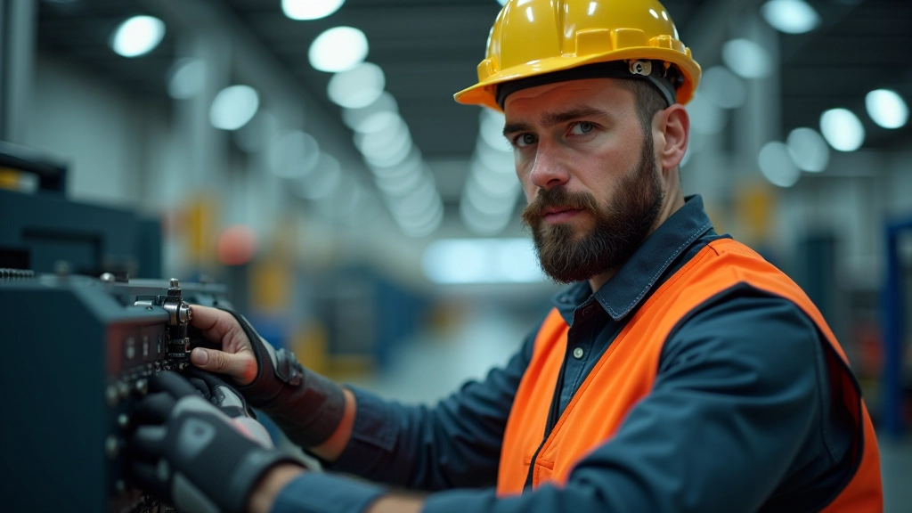 Fabrikarbeiter überprüft Fertigungsanlage mit digitalen Messinstrumenten