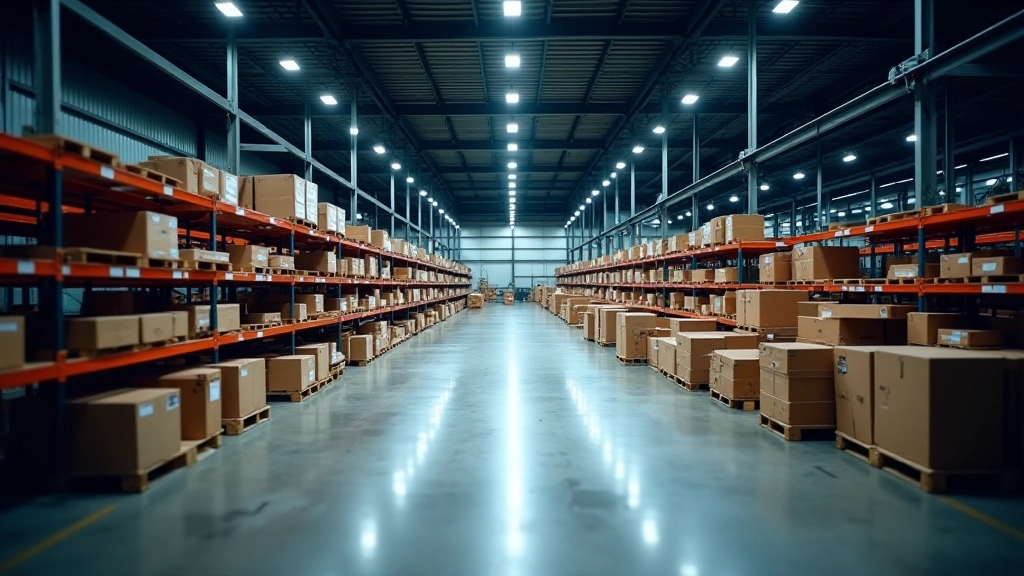 Industrielle Lagerhalle mit Produkten und Logistik-Personal