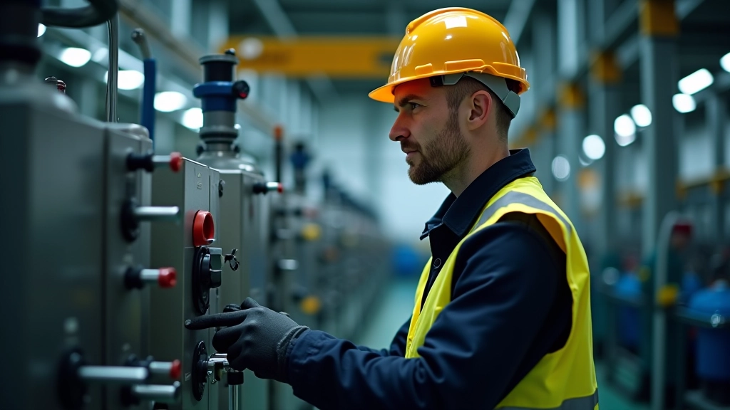 Geschäftsmann in Fabrik, inspiziert Produktionsanlage, trägt Schutzhelm und Schutzweste, moderne Chemieanlage im Hintergrund, professionelle Fotografie