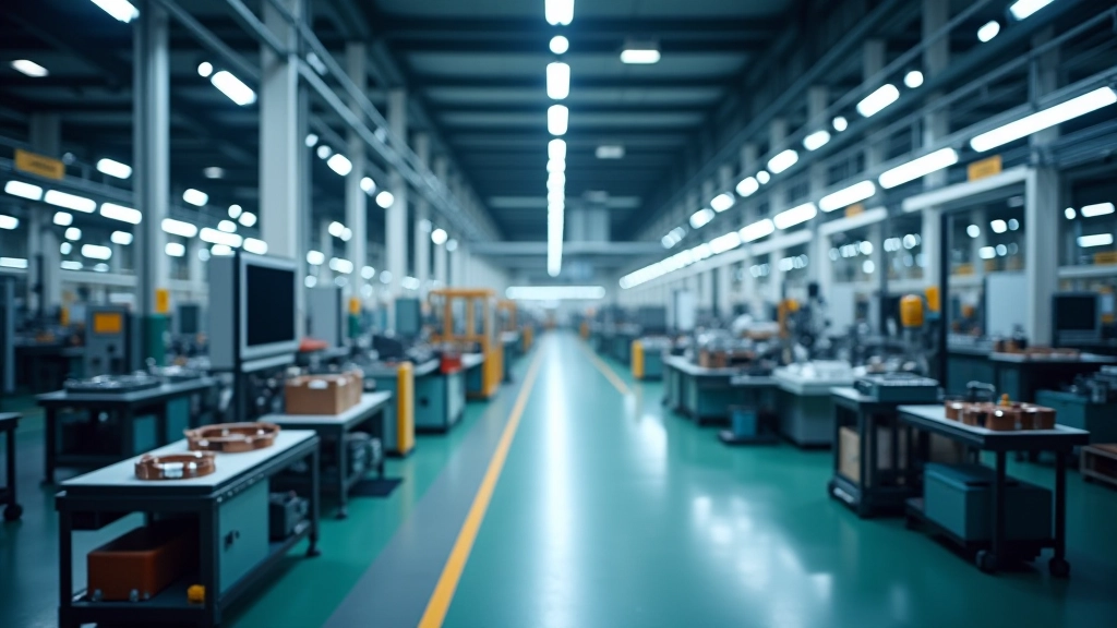 Fabrik mit großen Maschinen und Förderbändern während Produktion