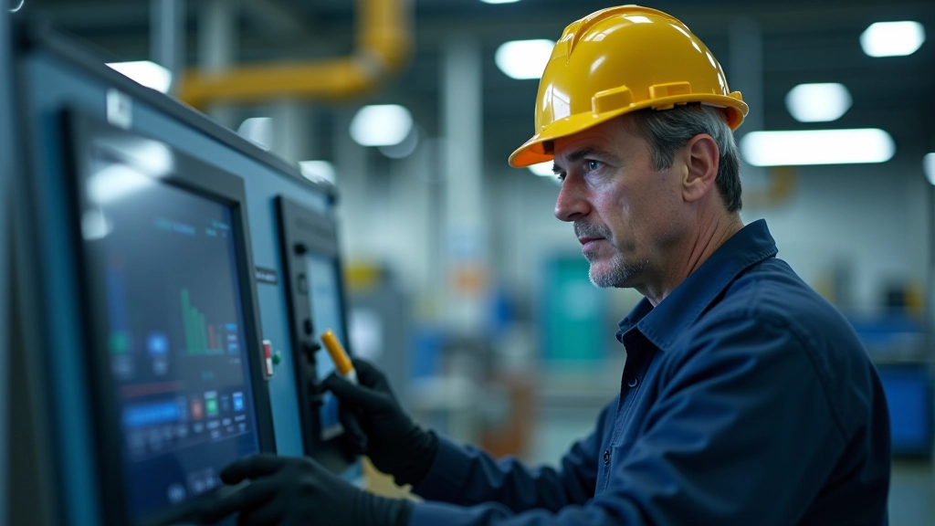 Techniker überwacht Produktionslinie in moderner Fabrik mit digitalen Anzeigetafeln